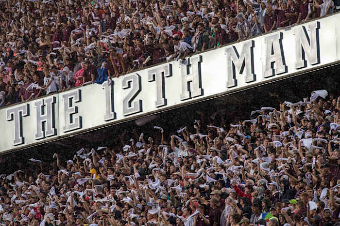 A view of the 12th Man logo and Texas A&M Aggies fans and students during the game against the Clemson Tigers at Kyle Field.